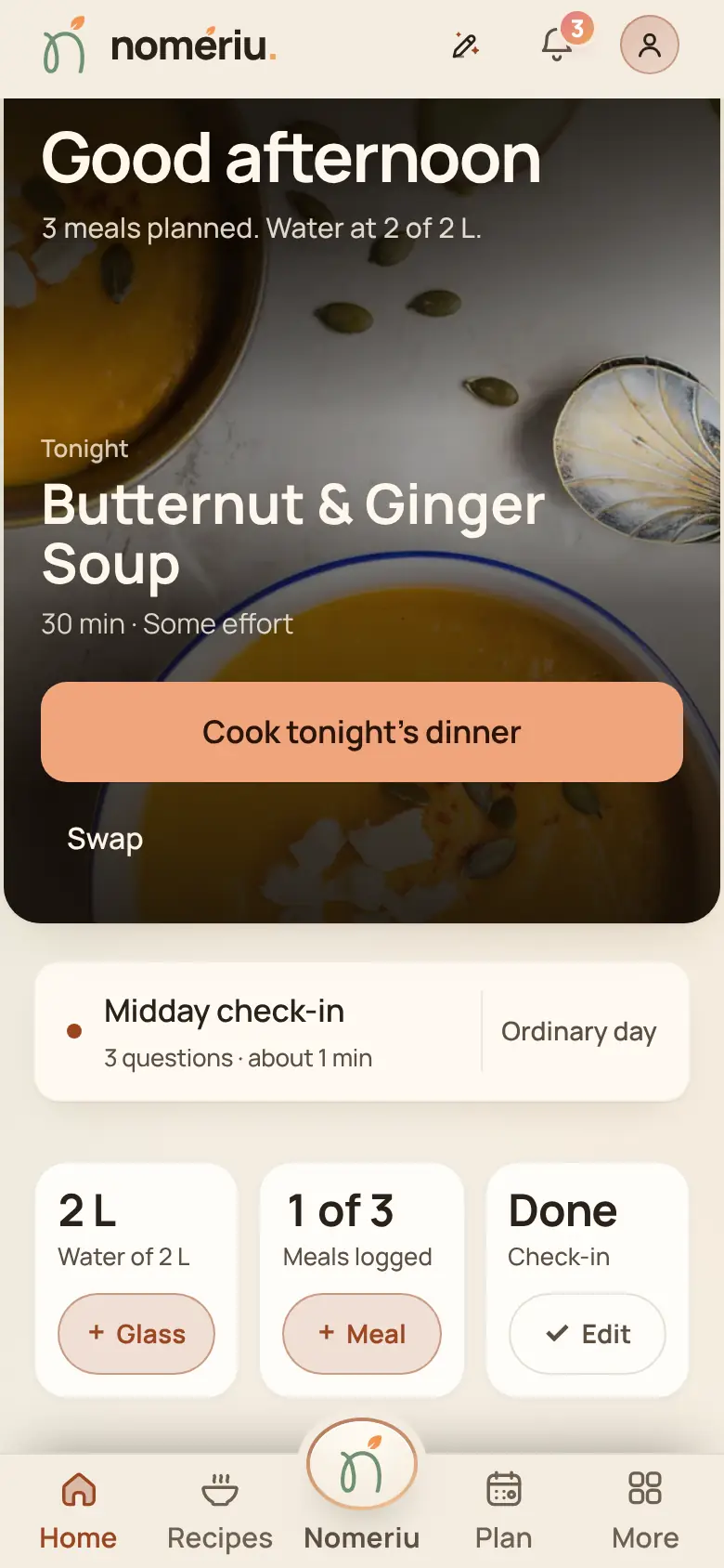 The Nomeriu home screen with tonight's dinner