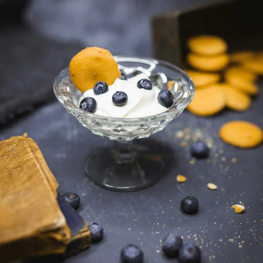 Glass dish of thick yoghurt topped with blueberries