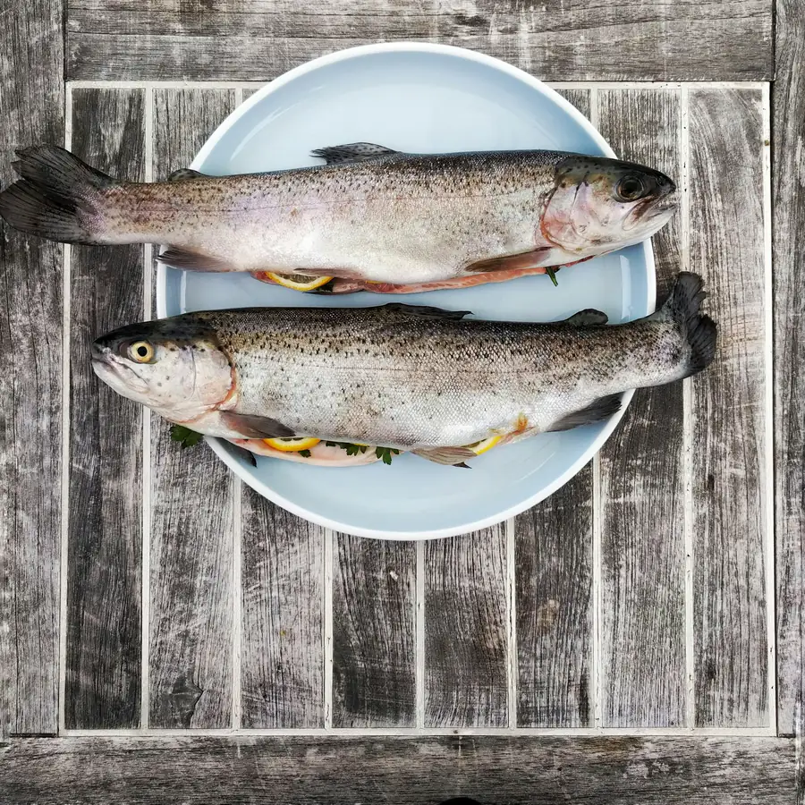 Two whole trout on a plate
