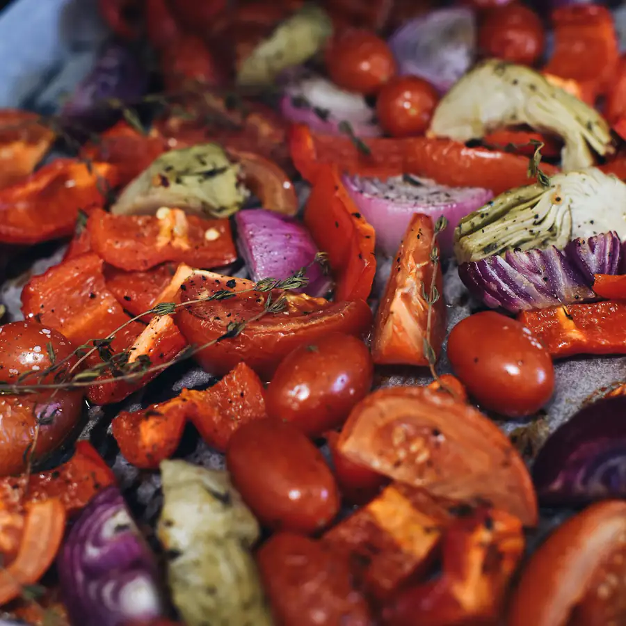 Tray of roasted mixed vegetables