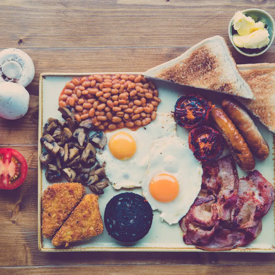 Full breakfast laid out on a tray