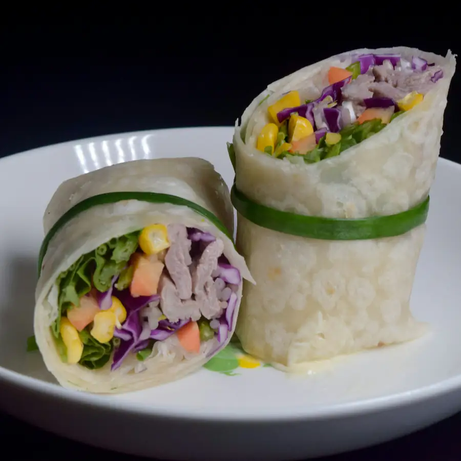 Rainbow vegetable wraps cut in half