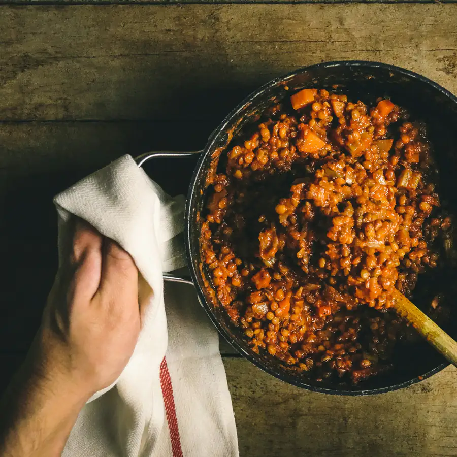 Pan of rich lentil and tomato sauce
