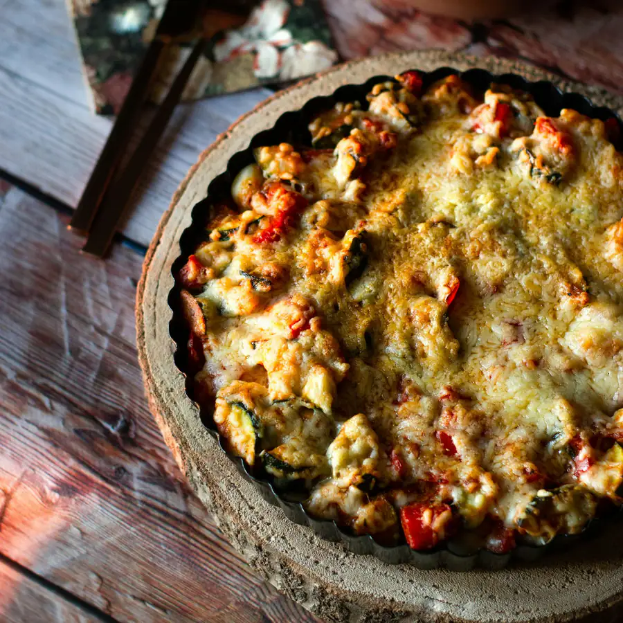 Cheesy baked pasta in a skillet