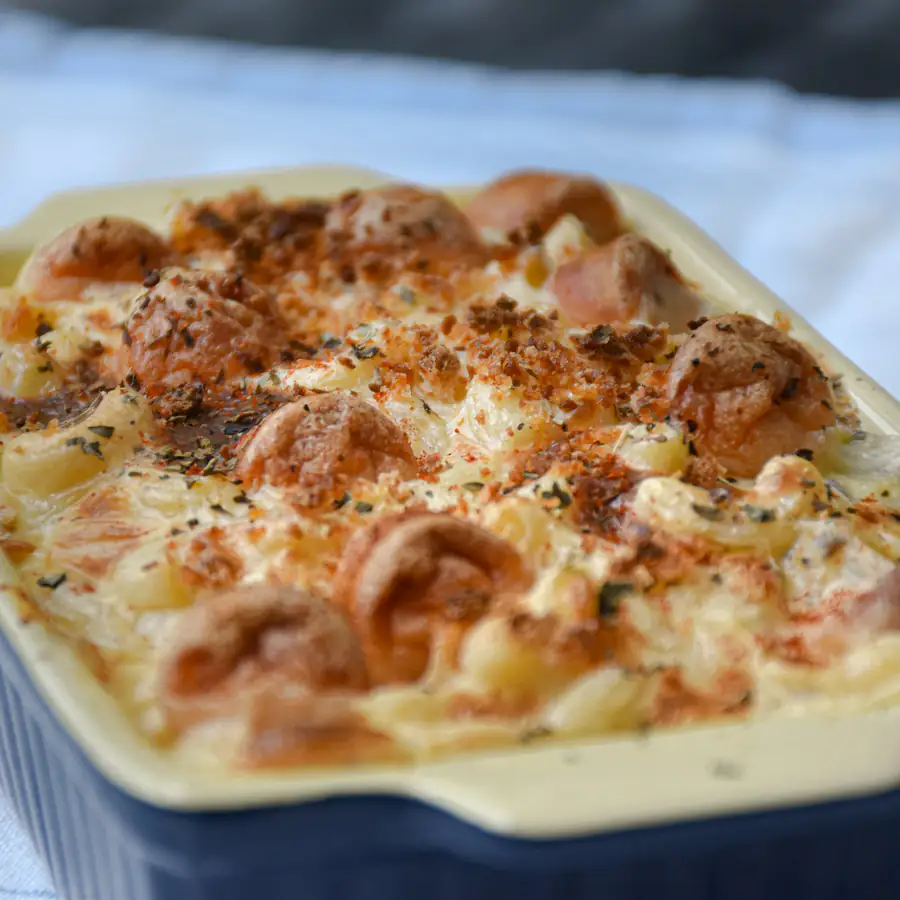 Creamy baked pasta in a dish