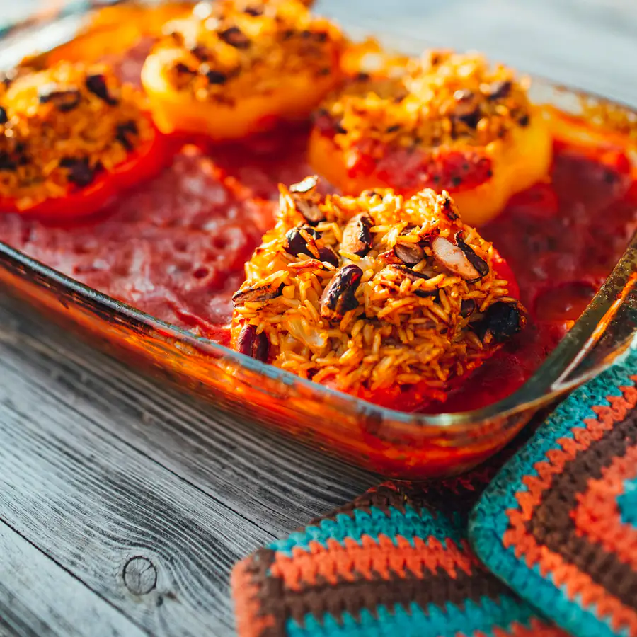 Baked stuffed peppers in a dish