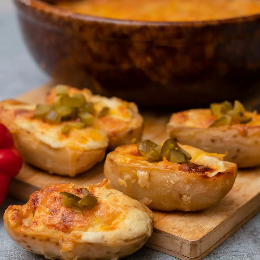 Baked potato skins with a golden topping
