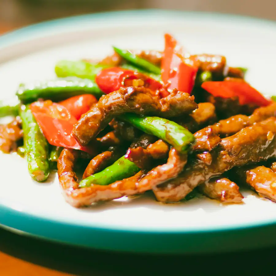 Beef and pepper stir fry on a plate