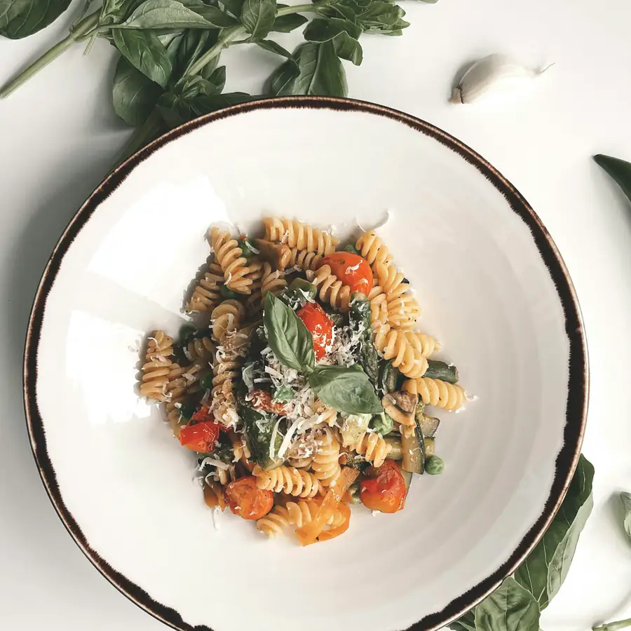 Bowl of vegetable pasta salad