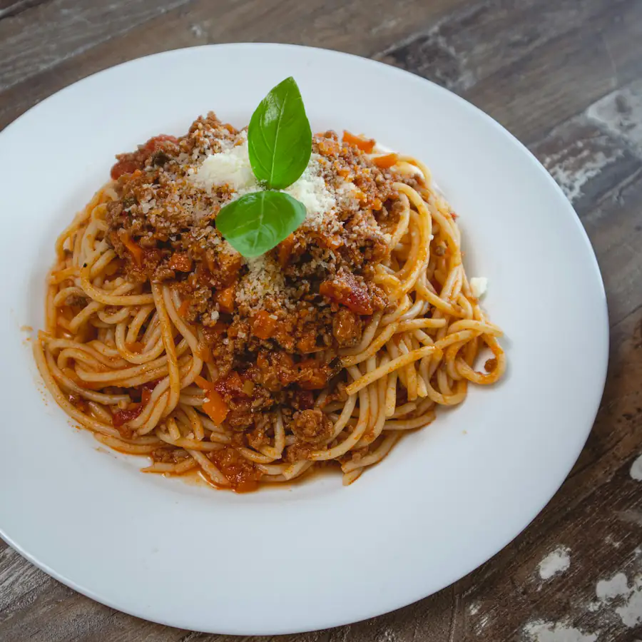 Plate of spaghetti with bolognese sauce