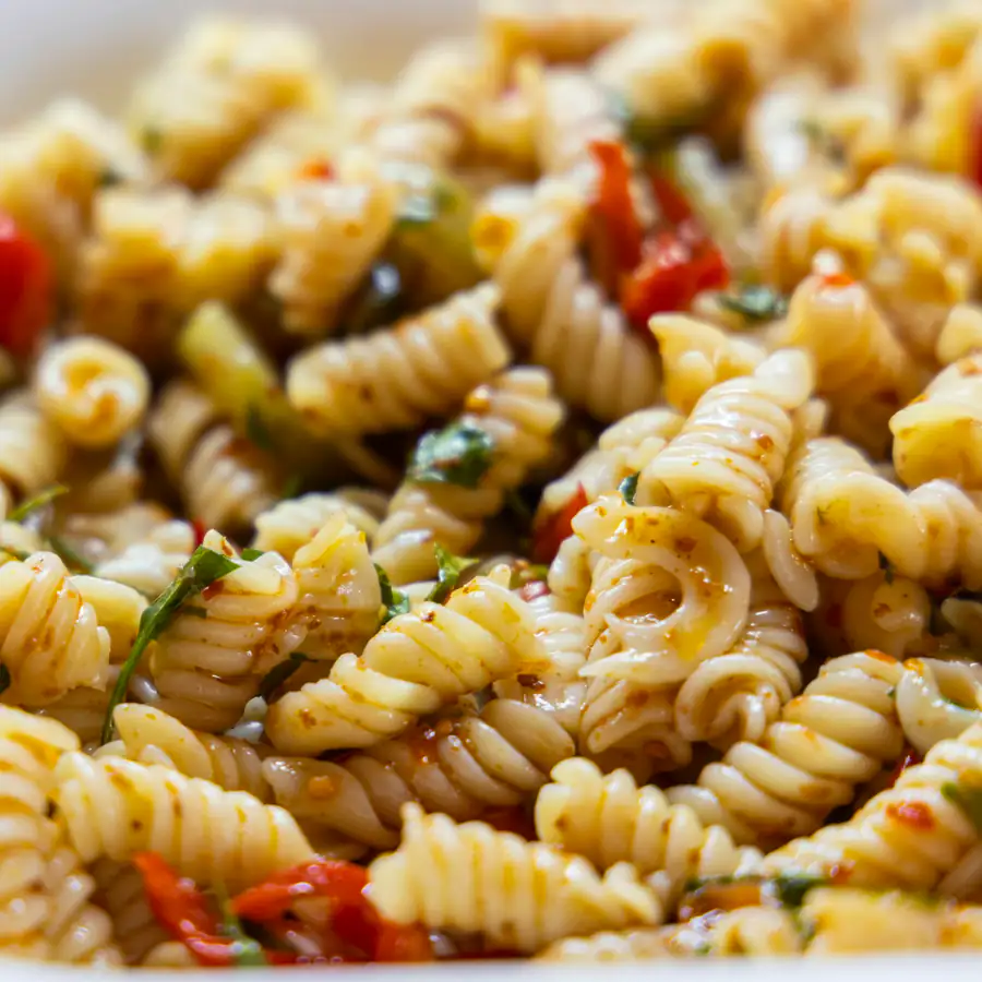Bowl of pasta salad with vegetables