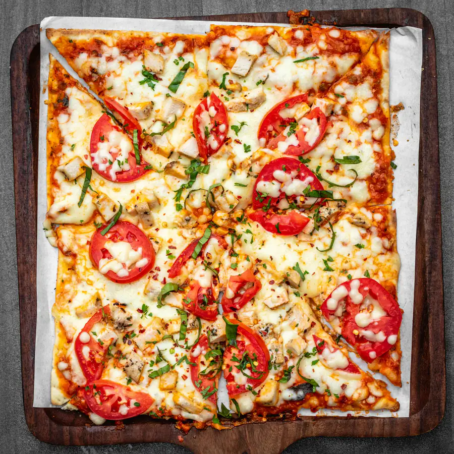 Tray pizza with tomato and peppers