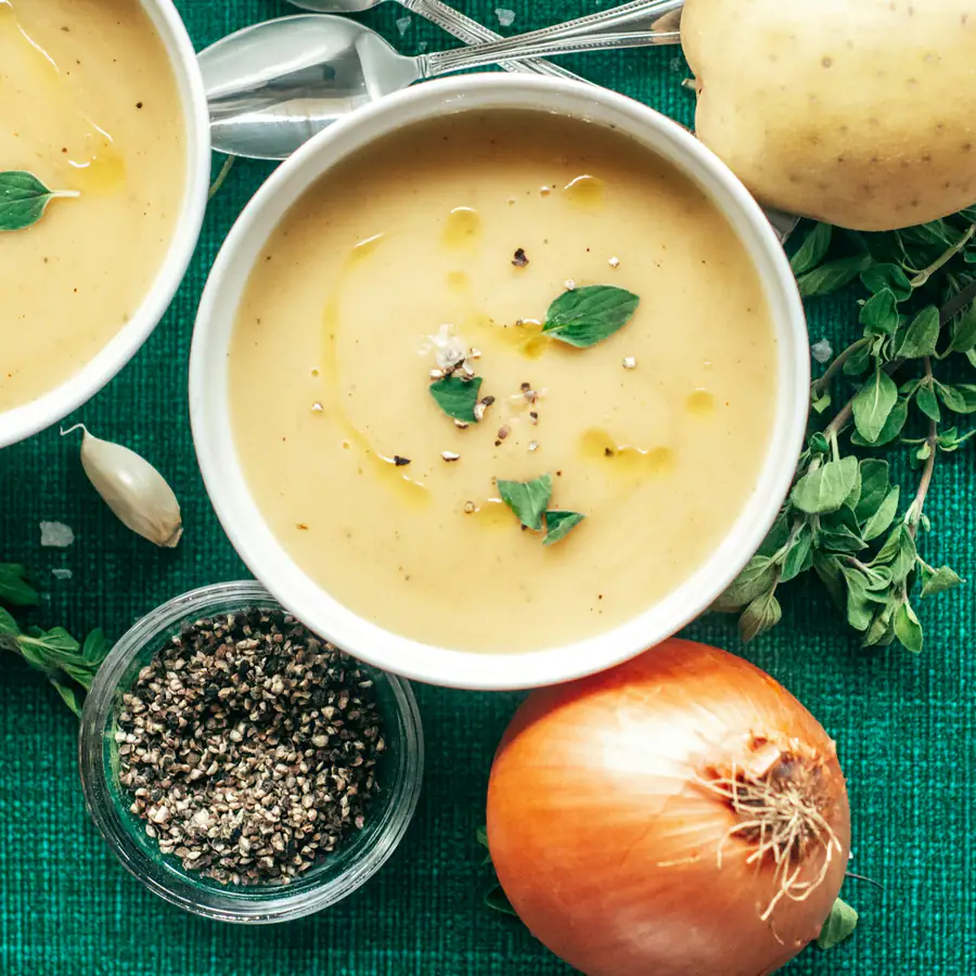 Bowls of creamy potato and leek soup