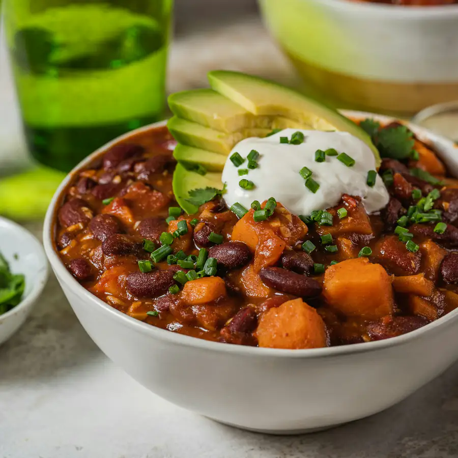Bowl of black bean and sweet potato chilli with avocado