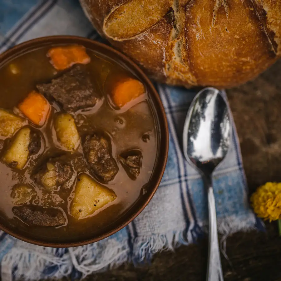 Bowl of beef stew with potatoes and carrots
