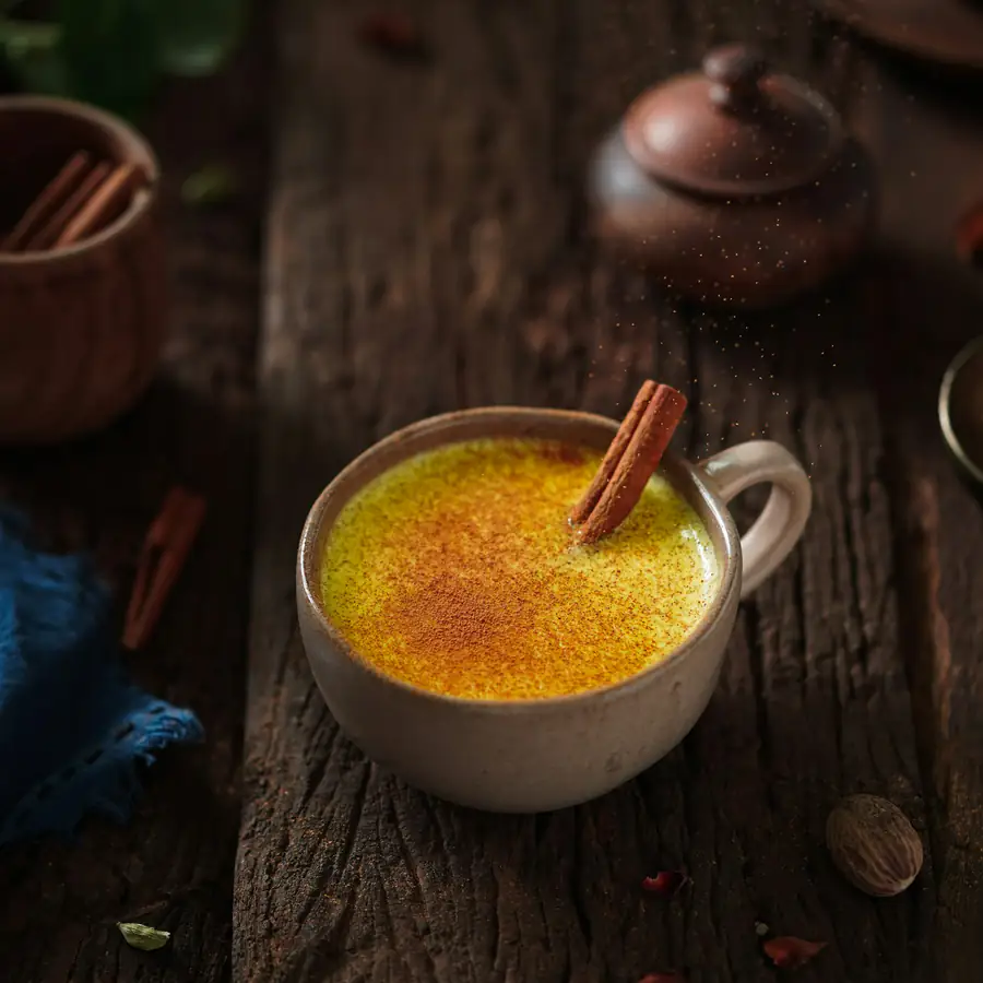 Cup of golden turmeric latte with a cinnamon stick