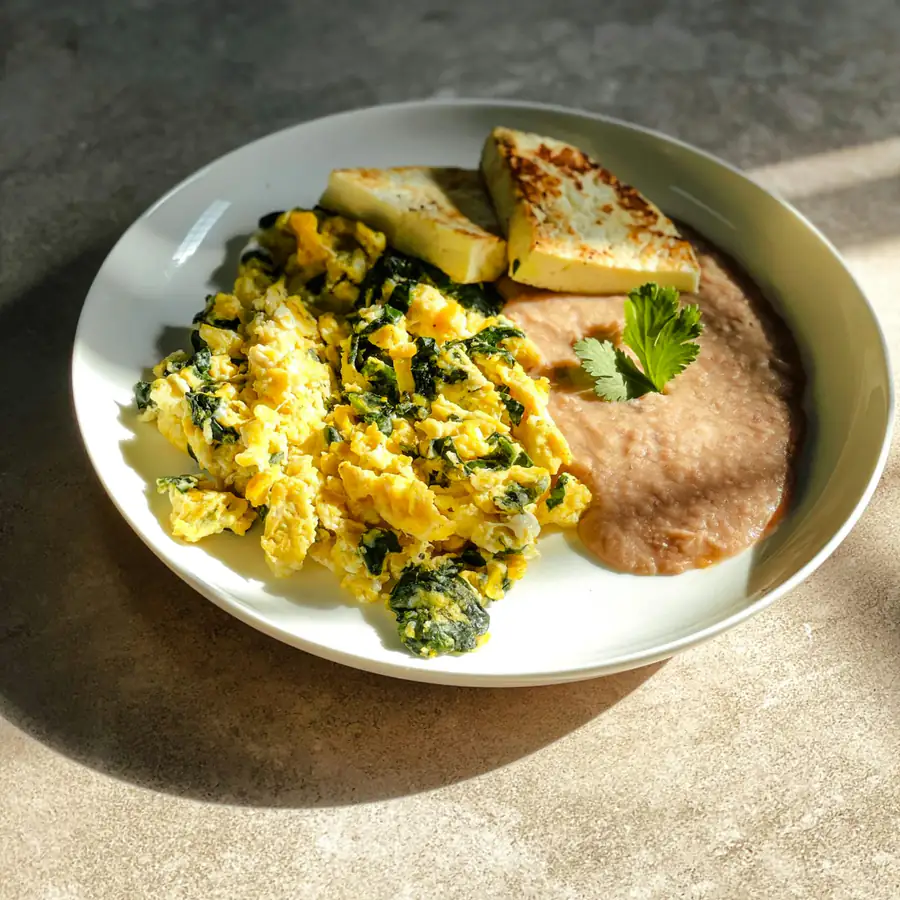 Golden tofu scramble with greens and toast
