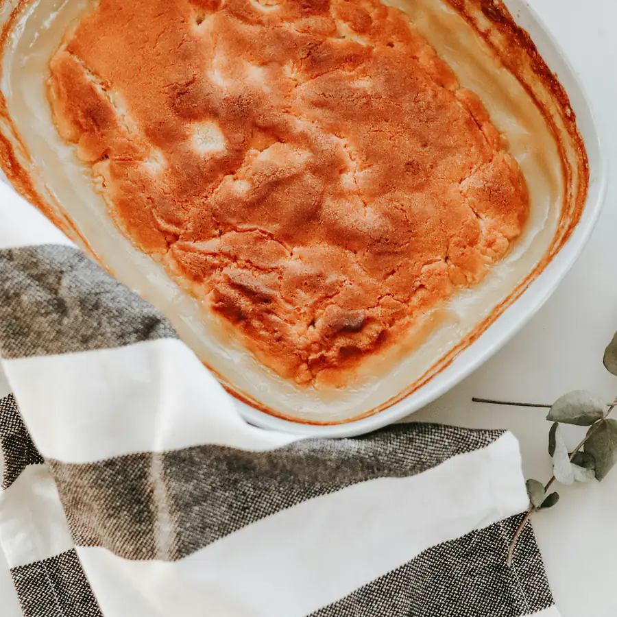 Baked pie with a golden topping in a dish