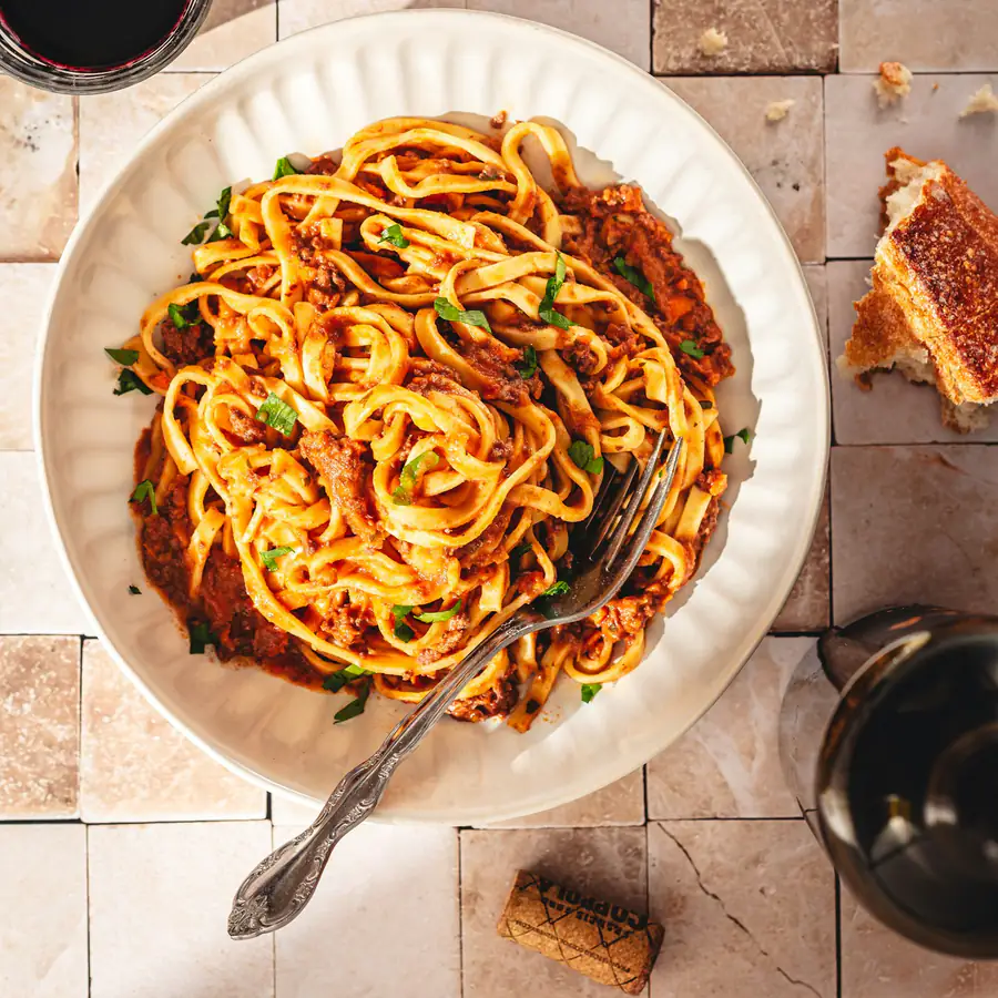 Plate of spaghetti bolognese