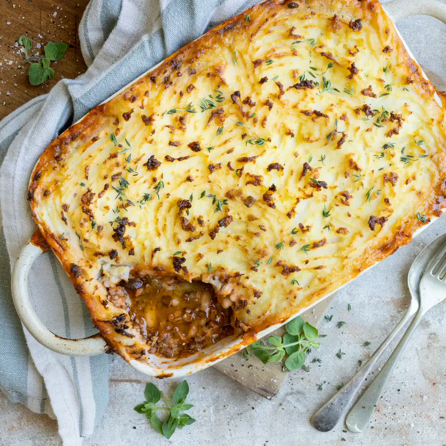 Baked shepherd's pie with a golden mash topping