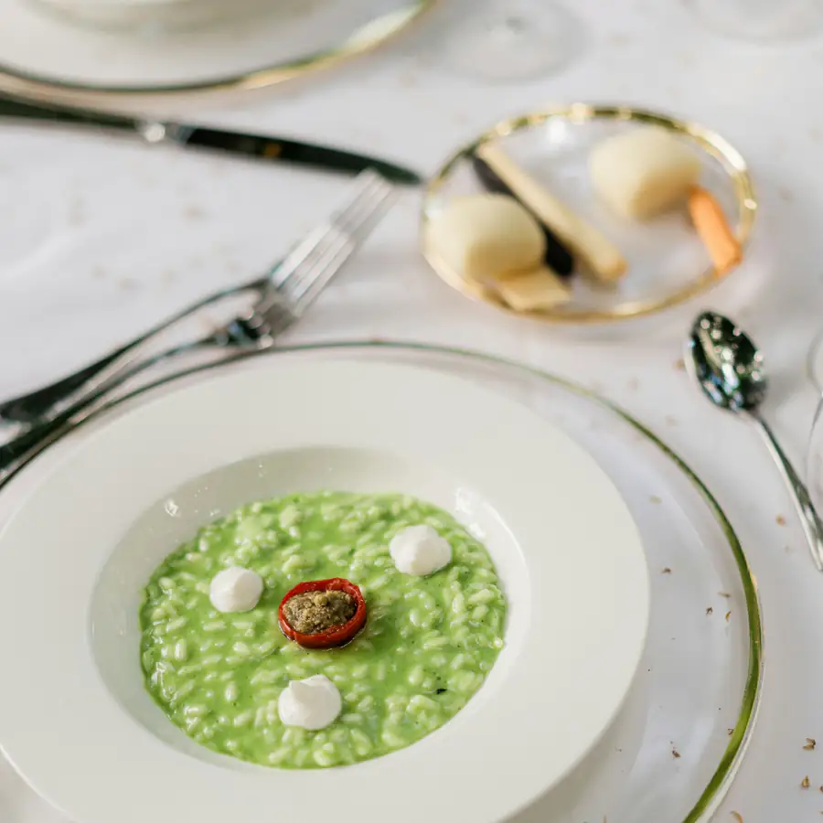 Bowl of green pea risotto