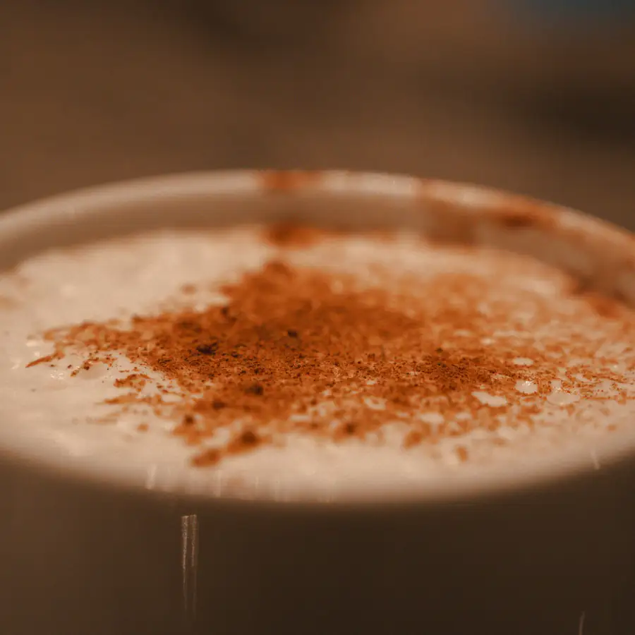 Warm milky drink dusted with cinnamon