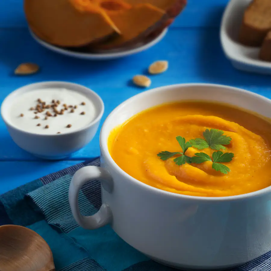 Bowl of creamy pumpkin soup topped with parsley