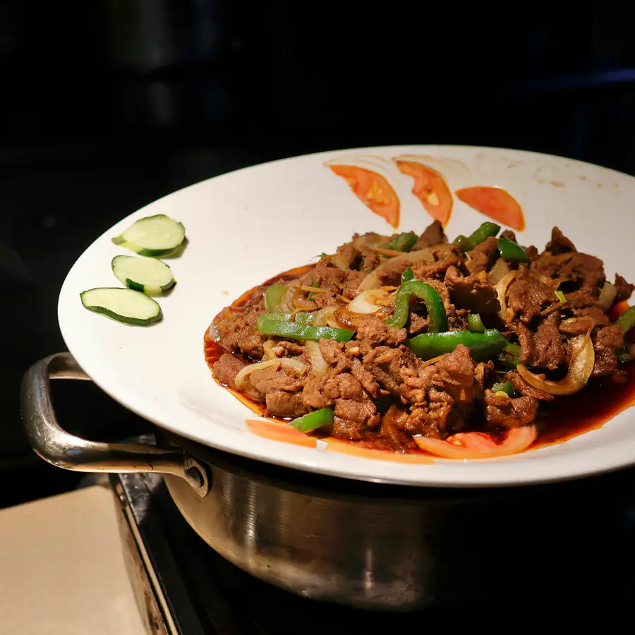 Plate of stir fried beef with vegetables