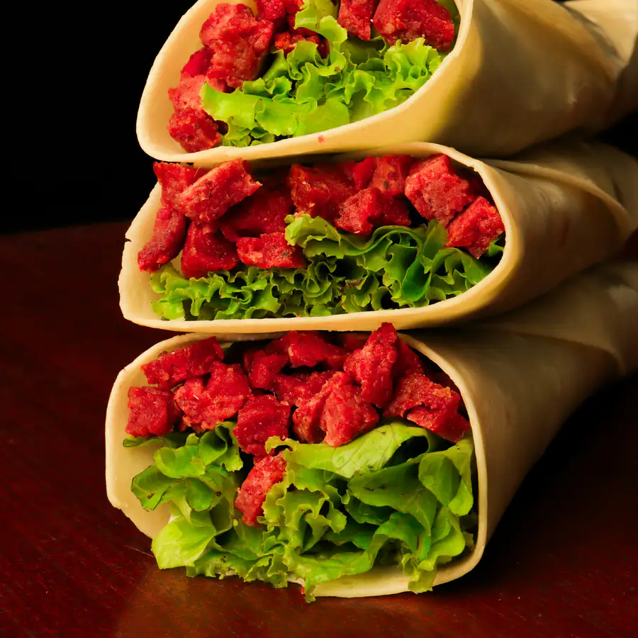 Stacked wraps filled with spiced meat and lettuce