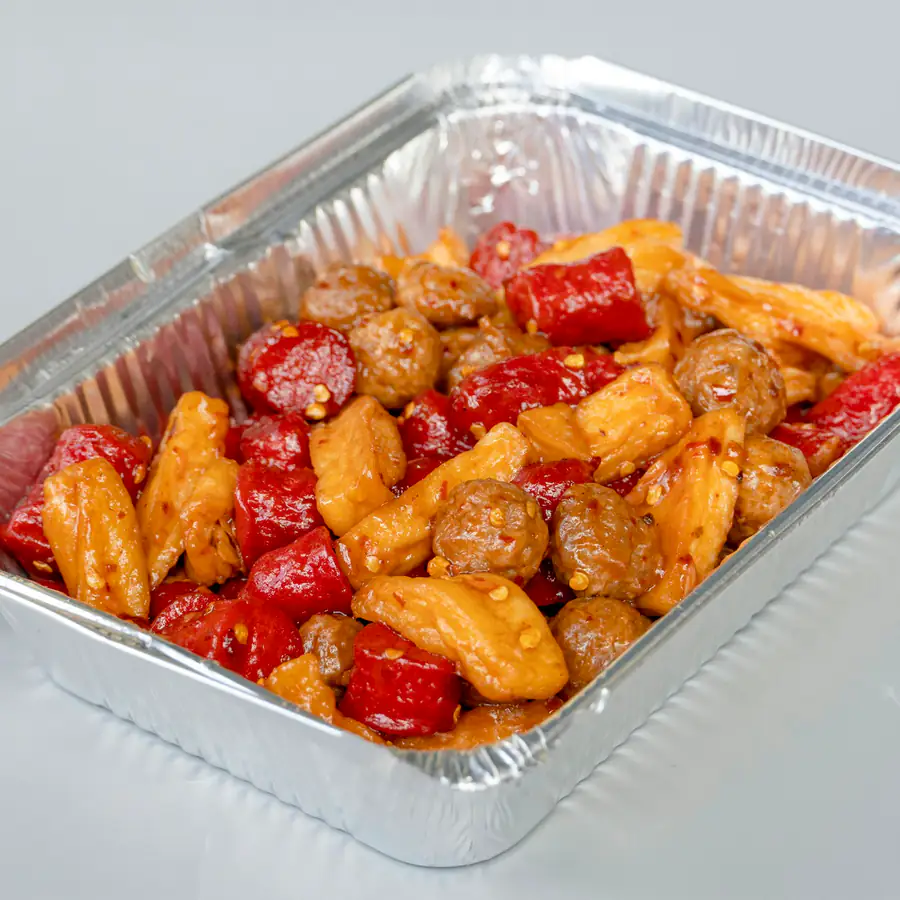 Tray of roasted sausage and potatoes