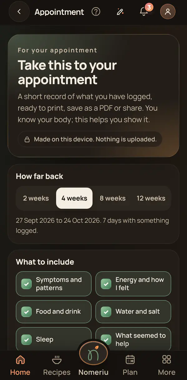 The Nomeriu appointment summary built from logged days