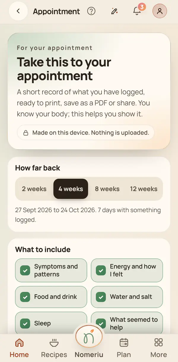 The Nomeriu appointment summary built from logged days