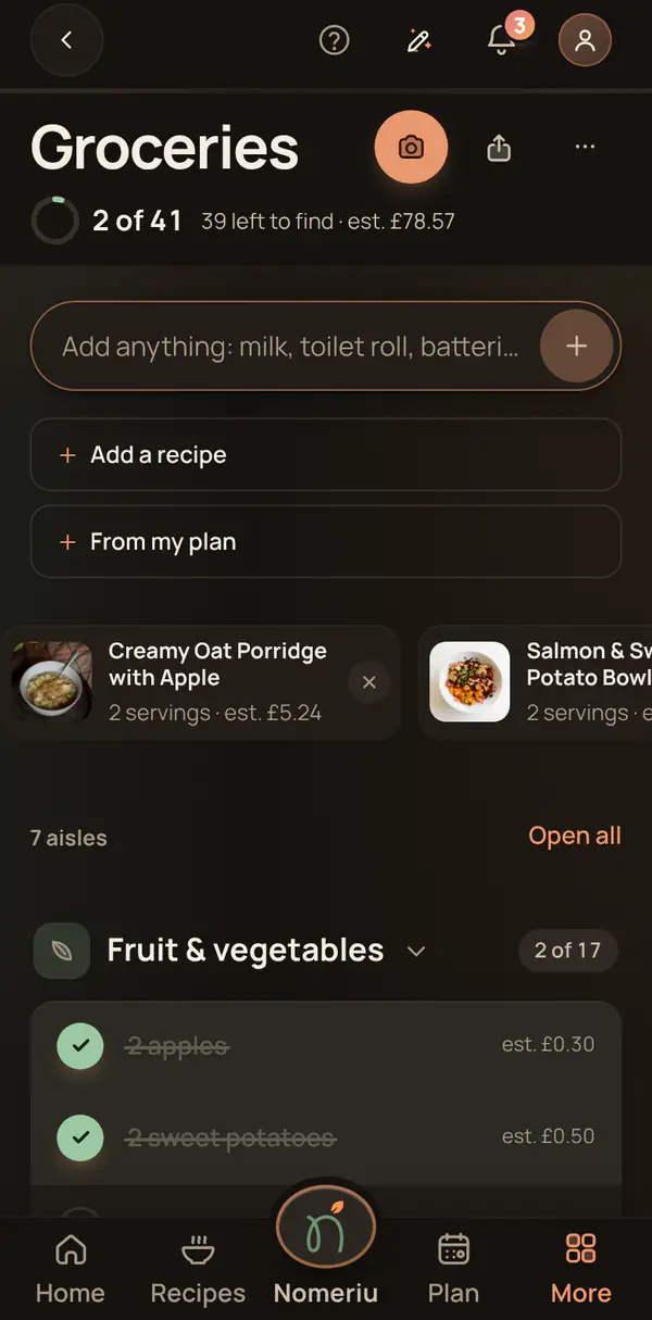 The Nomeriu shopping list grouped by aisle