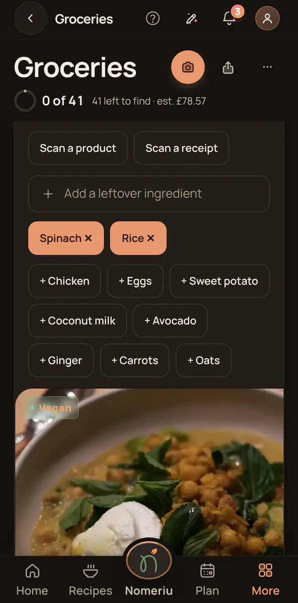 The Nomeriu leftovers view with recipes from the fridge