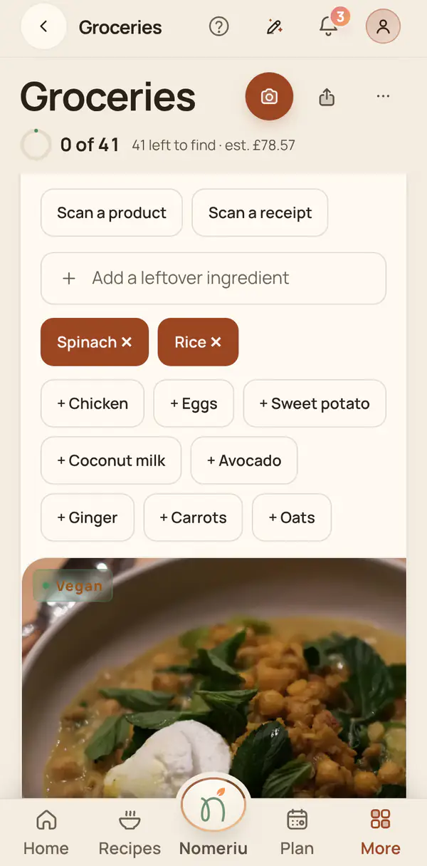 The Nomeriu leftovers view with recipes from the fridge