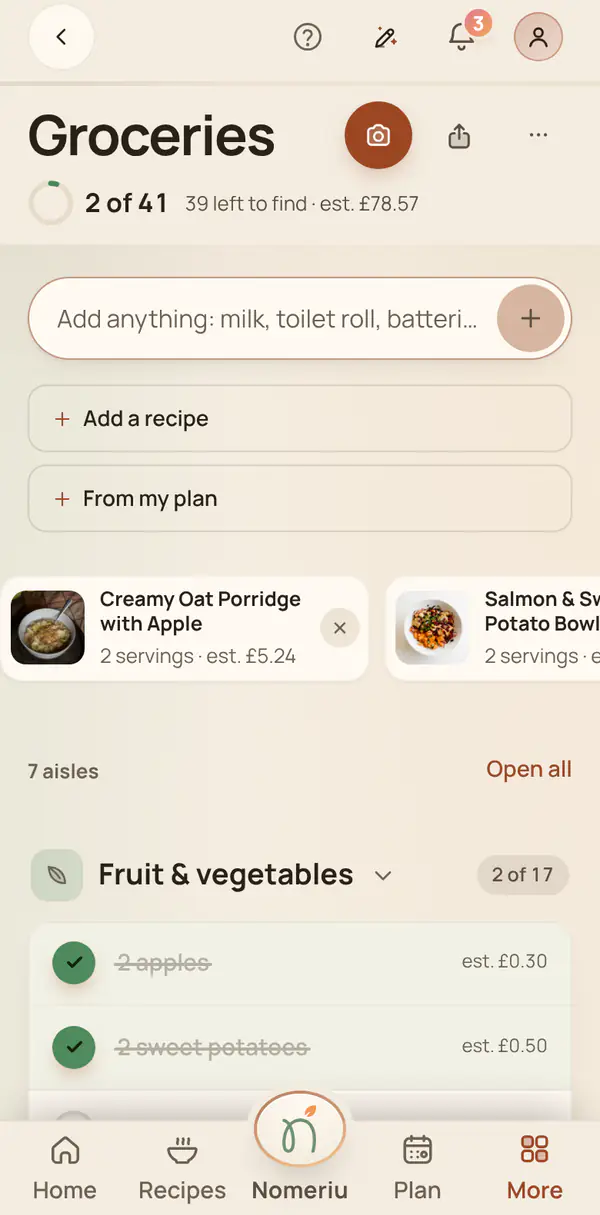 The Nomeriu shopping list grouped by aisle