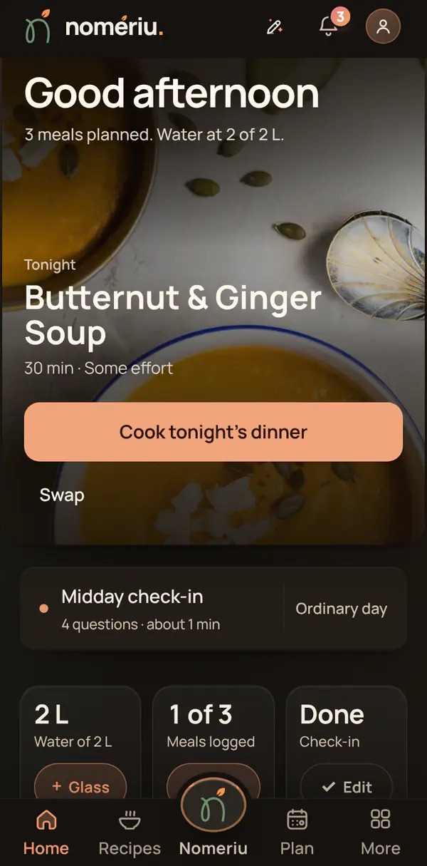 The Nomeriu home screen with tonight's idea and quick actions