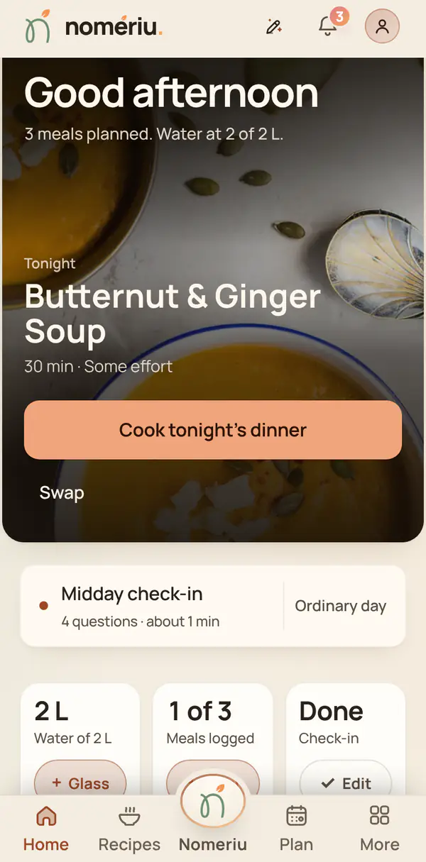 The Nomeriu home screen with tonight's idea and quick actions