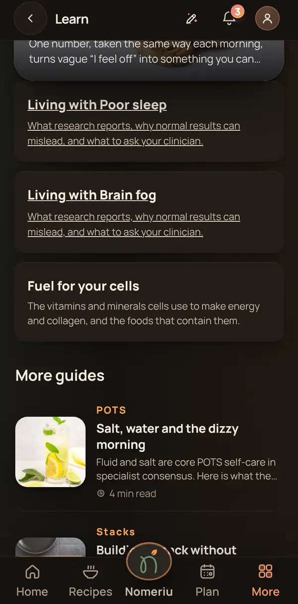 The Nomeriu Learn screen with short guides