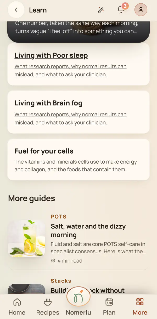 The Nomeriu Learn screen with short guides