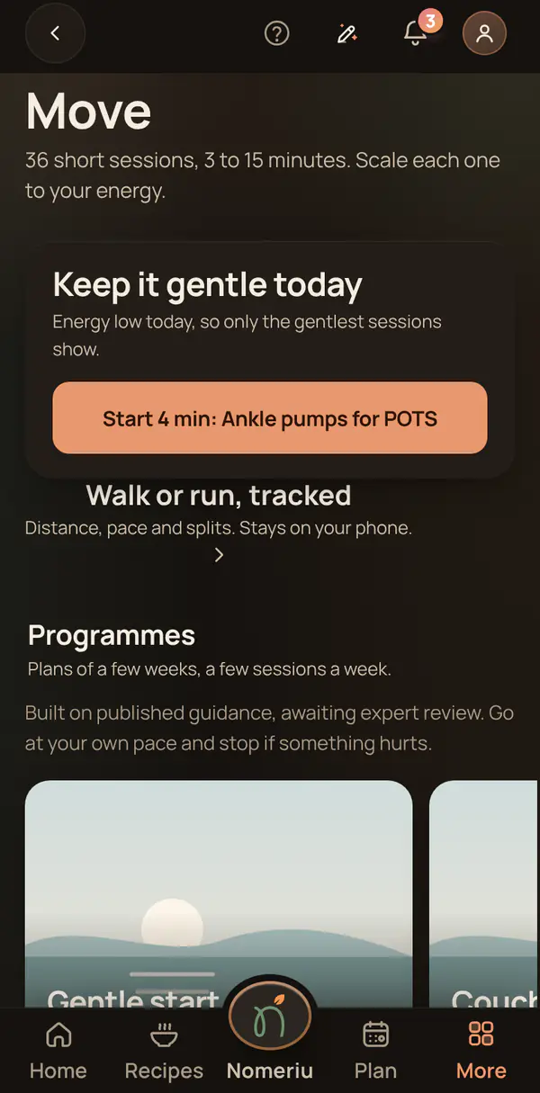 The Nomeriu move screen with sessions