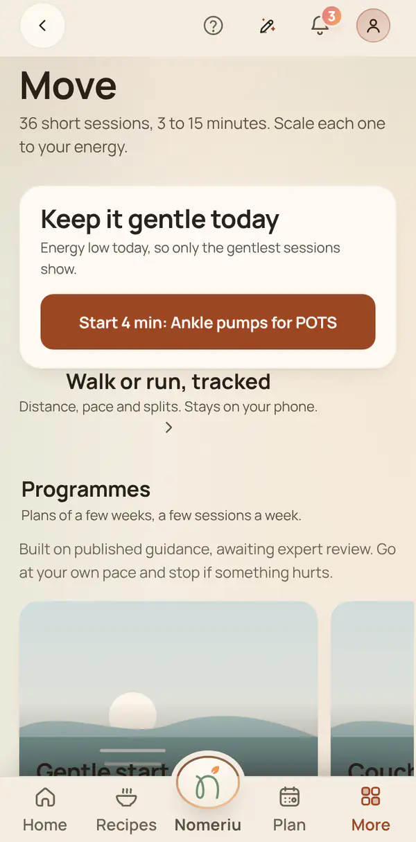 The Nomeriu move screen with sessions
