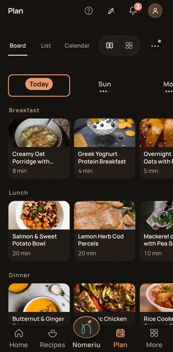The Nomeriu plan board with dinners spread across the week
