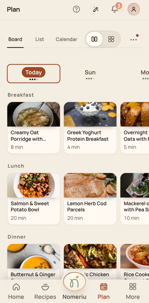 The Nomeriu plan board with dinners spread across the week