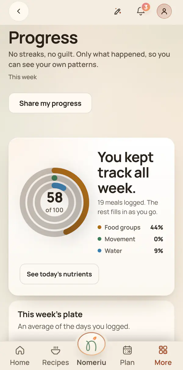 The Nomeriu progress screen with weeks of logged days