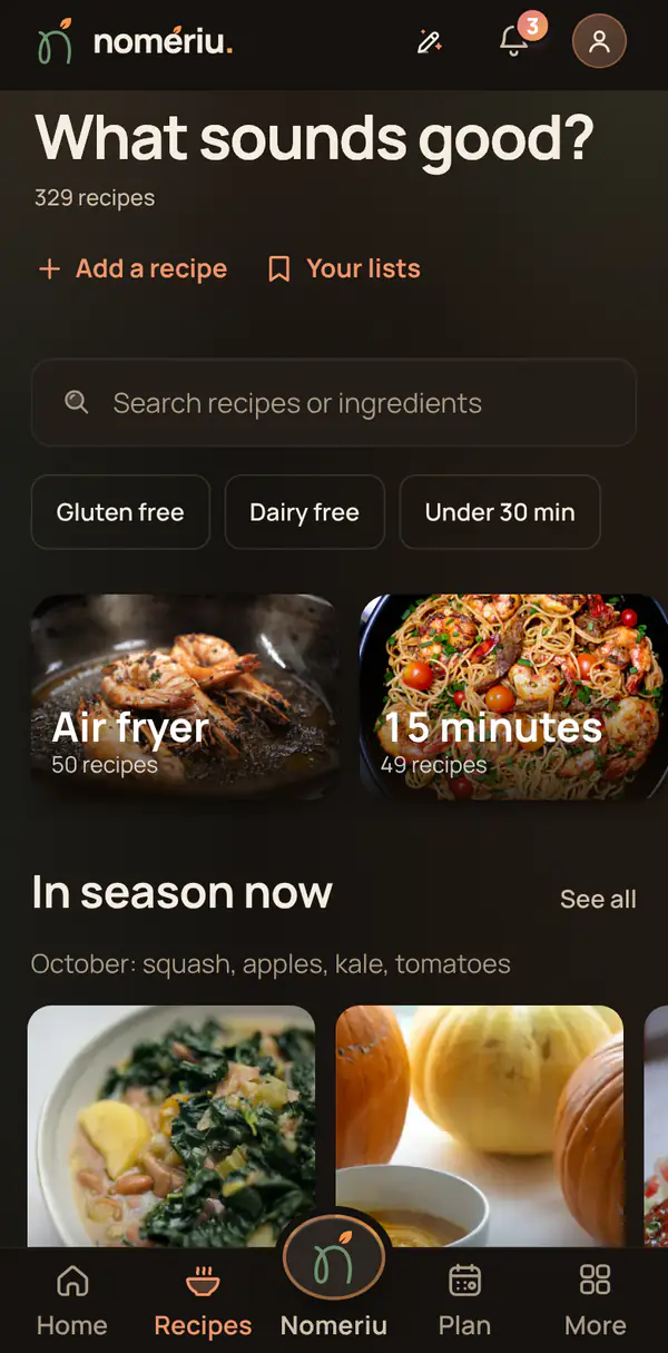 The Nomeriu recipe list with photos and times