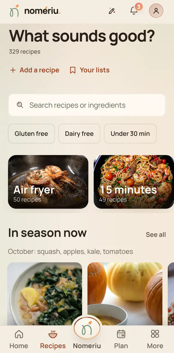 The Nomeriu recipe list with photos and times
