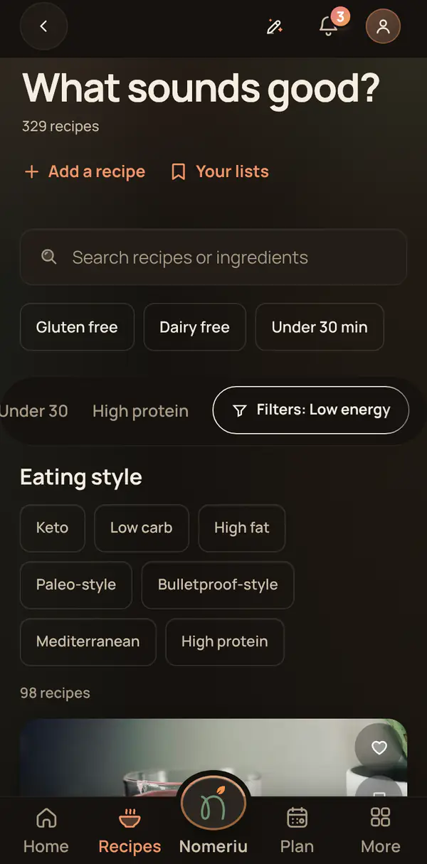 The Nomeriu recipe list filtered to low spoon recipes, each with its time