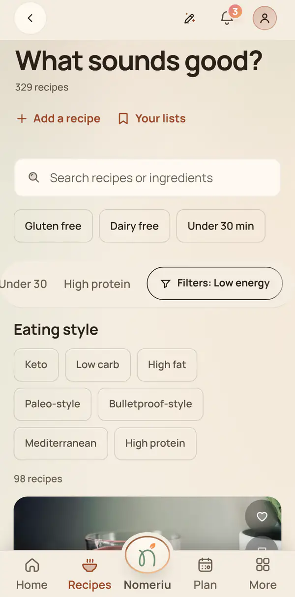 The Nomeriu recipe list filtered to low spoon recipes, each with its time