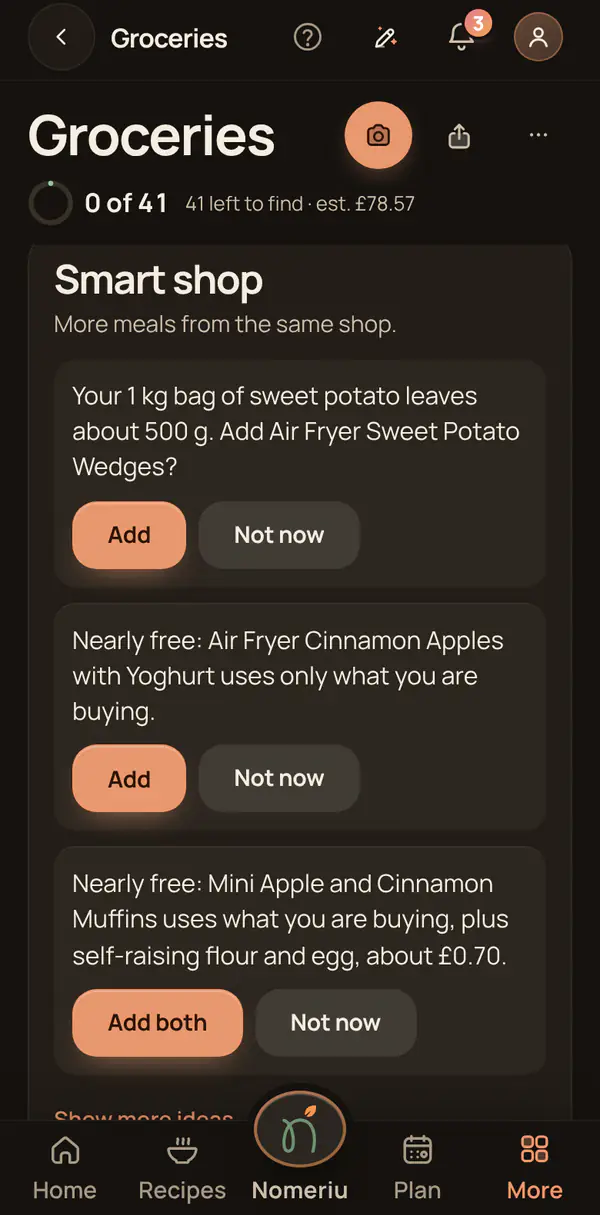The Nomeriu Smart shop panel with ideas for the week